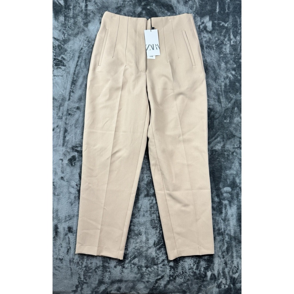 Zara Women's Large Waist Pleated Trousers Beige Tailored Pants NWT $45.90